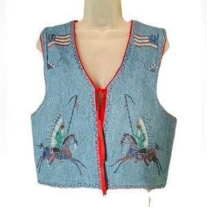 Patricia Wolf handpainted Americana denim vest indian ponies USA flag RTL $495 M